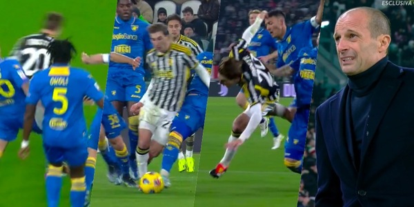 Juve-Frosinone, Miretti atterrato: Sacchi dà il rigore, Allegri non guarda