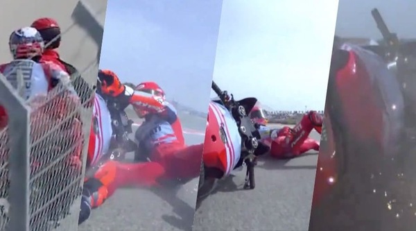Marc Marquez scivola in curva 15, poi si rialza e torna ai box con lo scooter