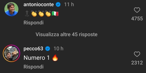 Da vincente a vincente: Conte e Bagnaia, i complimenti a Sinner
