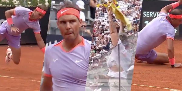 Clamoroso Nadal: cade a terra, si rialza e vince il punto così, tripudio a Roma!