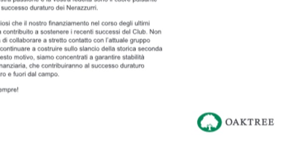 Oaktree, messaggio ai tifosi Inter: "Continueremo a costruire su questo slancio"