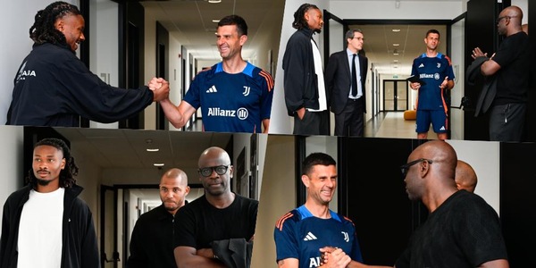 Juve, Khephren e Lilian Thuram alla Continassa: saluti e sorrisi con Thiago Motta