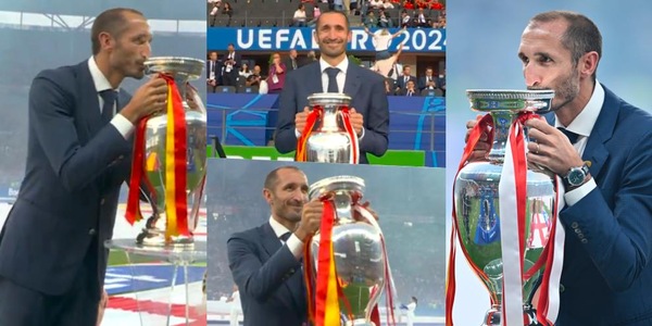 Chiellini riconsegna la Coppa degli Europei e la bacia prima di Spagna-Inghilterra