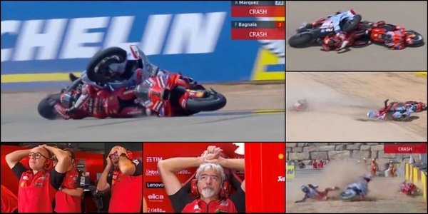 Bagnaia shock, finisce sotto la moto di Alex Marquez: le immagini dell'incidente