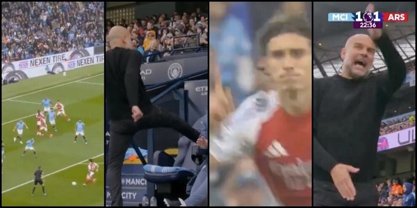Guardiola fuori controllo, calci alla panchina e urla sul gol di Calafiori