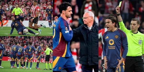 L'espulsione di Hummels all'11' lascia la Roma in 10 a Bilbao: le immagini