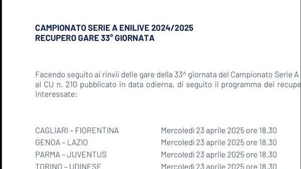 Serie A, gare rinviate per morte Papa Francesco: date e orari ufficiali