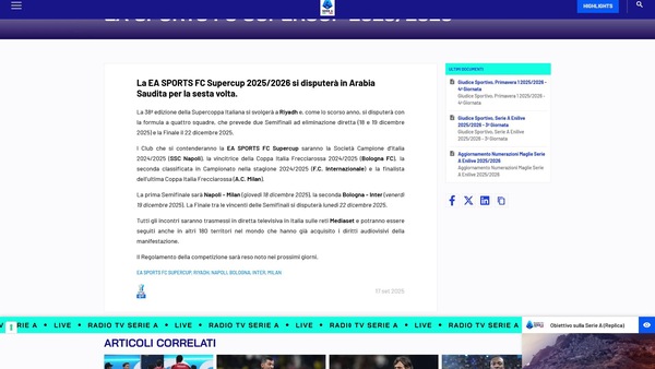 Ufficiale: la Supercoppa Italiana si giocherà a Riad nel mese di dicembre 2025