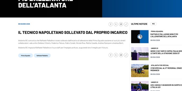 Ufficiale, Atalanta: Palladino non è più l'allenatore