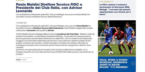 Ufficiale, Italia: Paolo Maldini direttore tecnico e presidente del Club Italia, Leonardo advisor