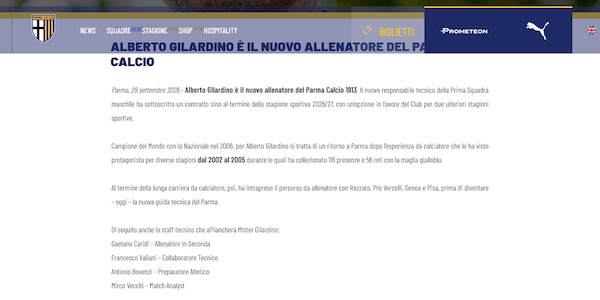 Ufficiale, Parma: Gilardino è il nuovo allenatore