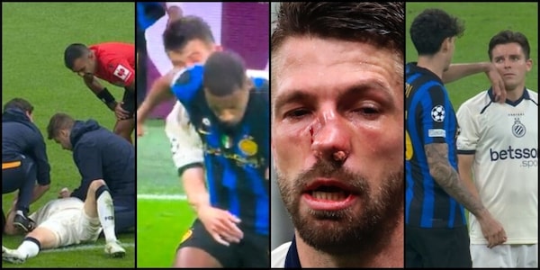 Diouf spacca la faccia a Mechele in area Inter, negato rigore al Brugge. Resta in campo ridotto così