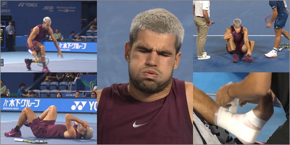 Alcaraz disperato, mani in faccia e smorfie di dolore: le immagini dell'infortunio alla caviglia